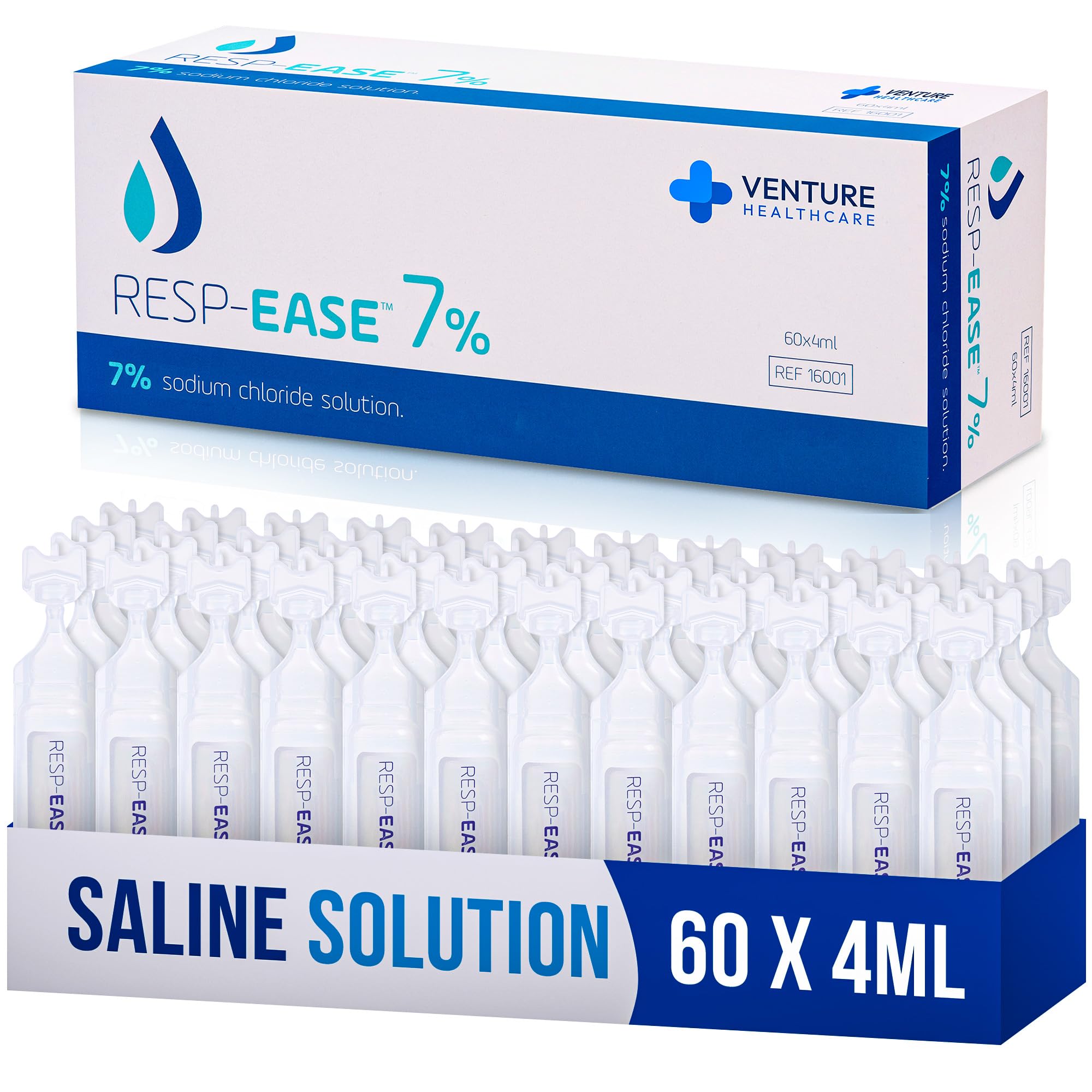 Resp-Ease 7% saline ampoules boxed for convenient single-use nasal care.