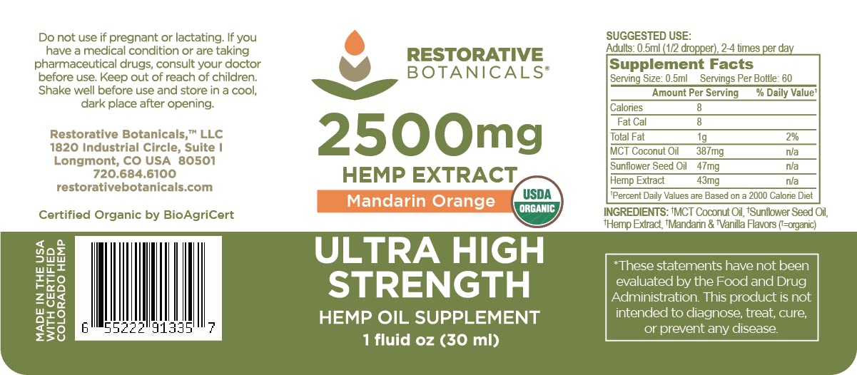 Hemp oil bottle close-up showing 2500mg and Mandarin Orange flavor