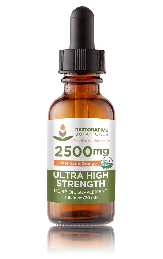 Restorative Botanicals hemp oil bottle with mandarin orange label
