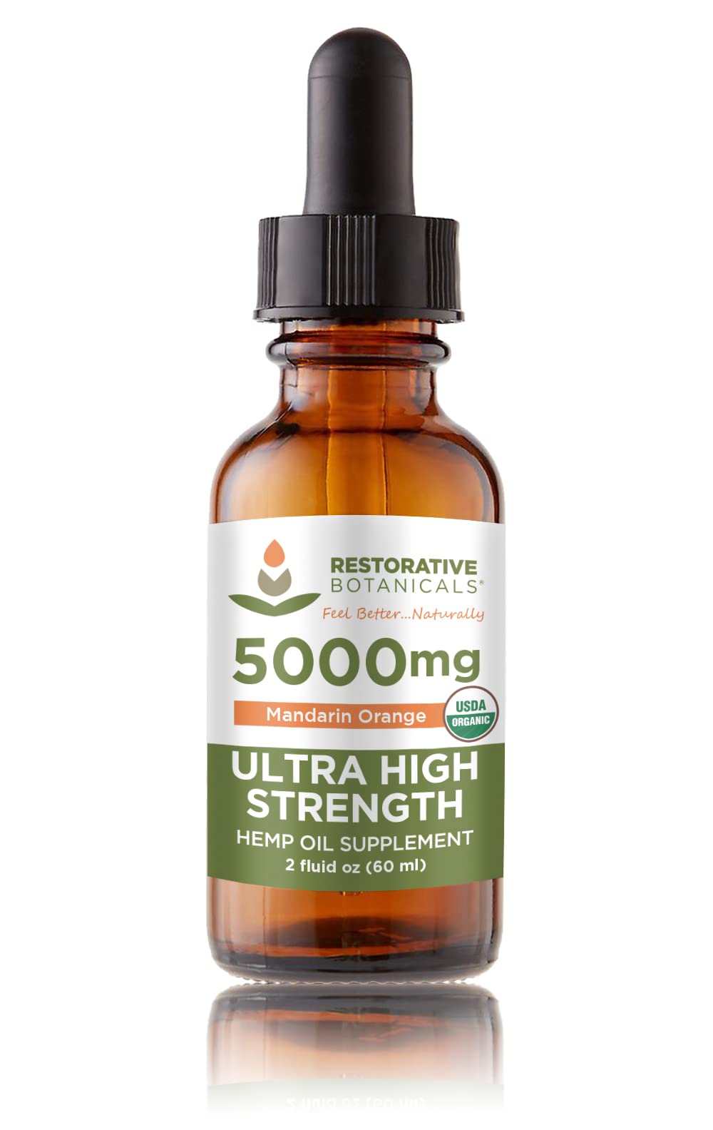 Front view of Restorative Botanicals Hemp Oil Drops bottle in Mandarin Orange