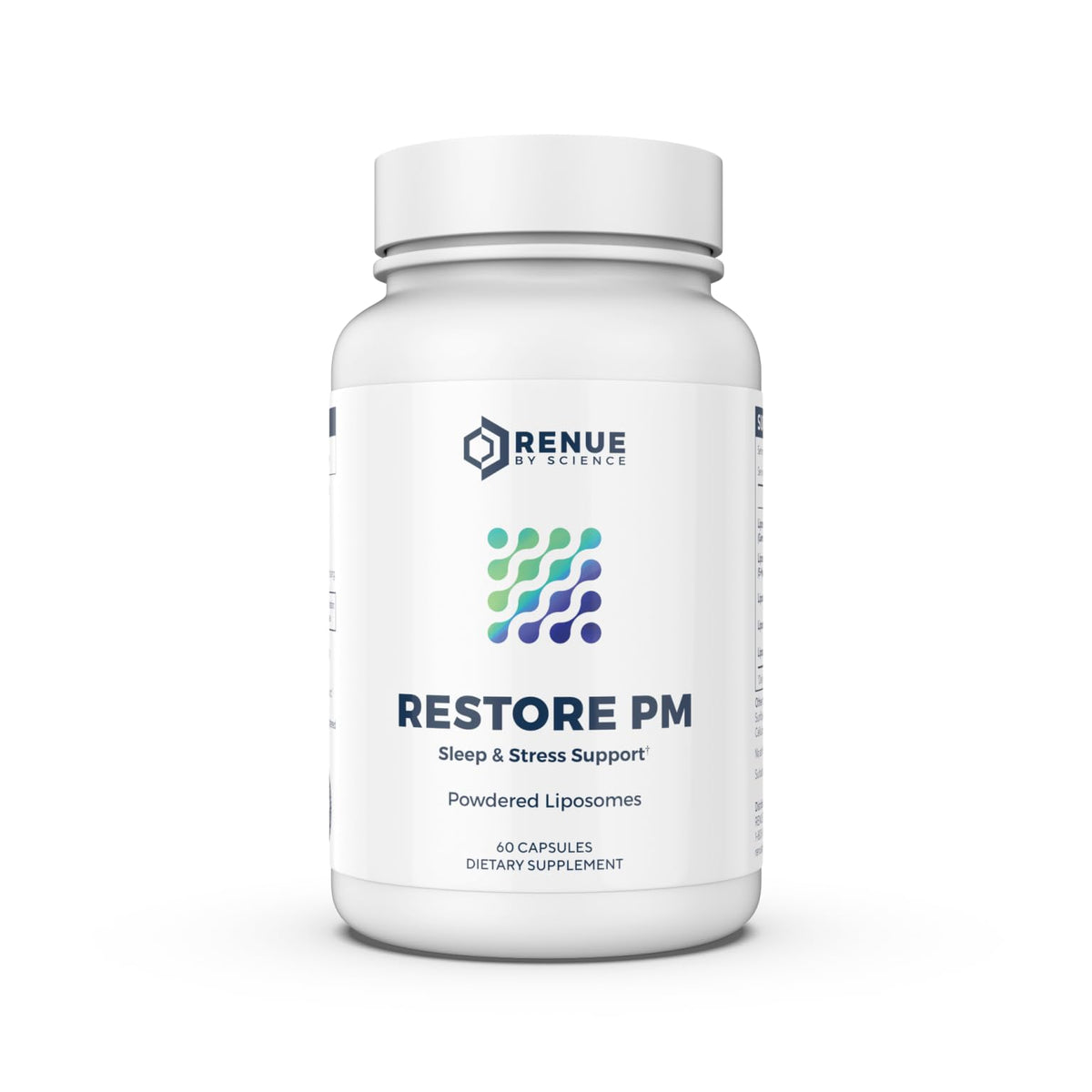 Renue By Science Restore PM bottle label featuring liposomal melatonin and GABA sleep support