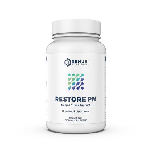 Renue By Science Restore PM bottle label featuring liposomal melatonin and GABA sleep support