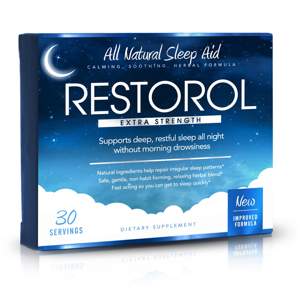 Restorol natural sleep aid bottle on wooden surface