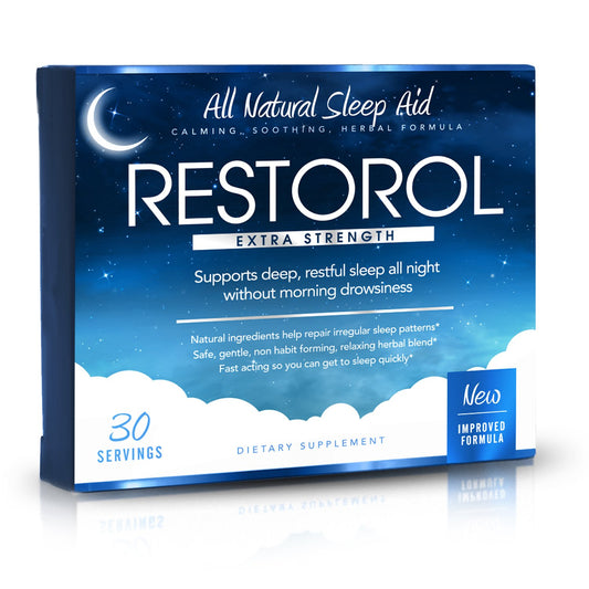 Restorol natural sleep aid bottle on wooden surface