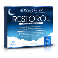 Restorol natural sleep aid bottle on wooden surface
