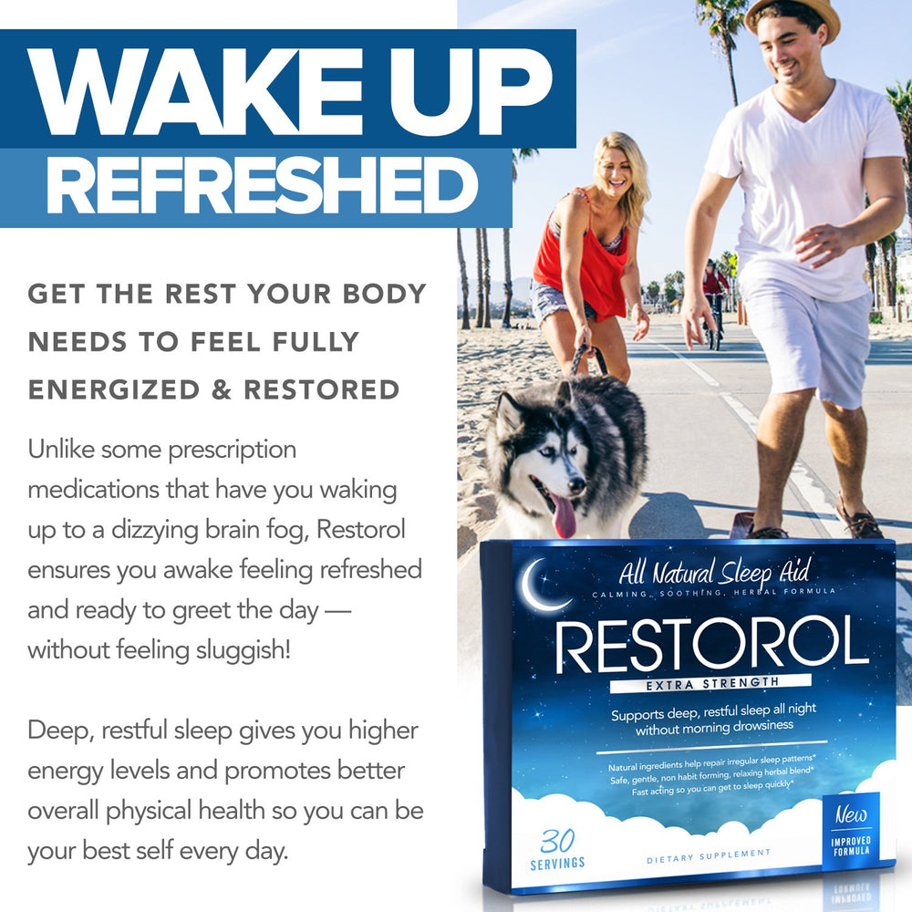 Packaging of Restorol natural sleep aid with herbal ingredients