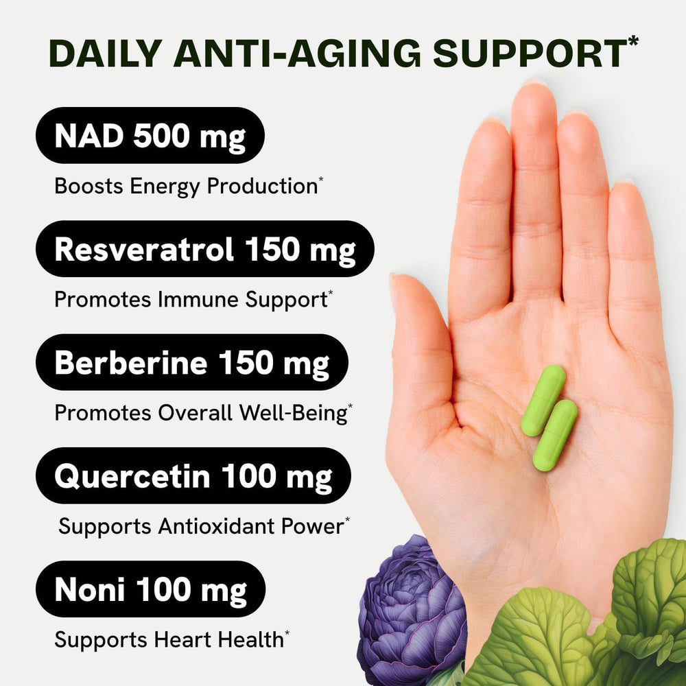 Ingredients: NAD, Resveratrol, Berberine, Quercetin and Noni
