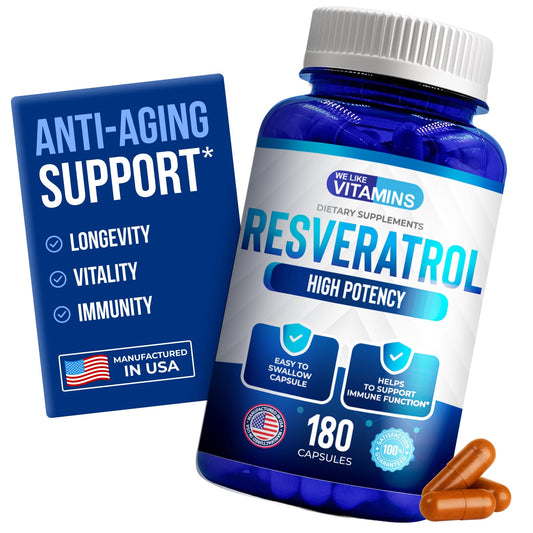 We Like Vitamins Resveratrol 1000mg per Serving bottle with 180 veggie capsules