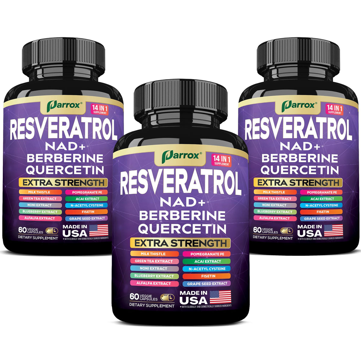 Parrox Resveratrol 14-in-1 Extra Strength bottle – 180 capsules