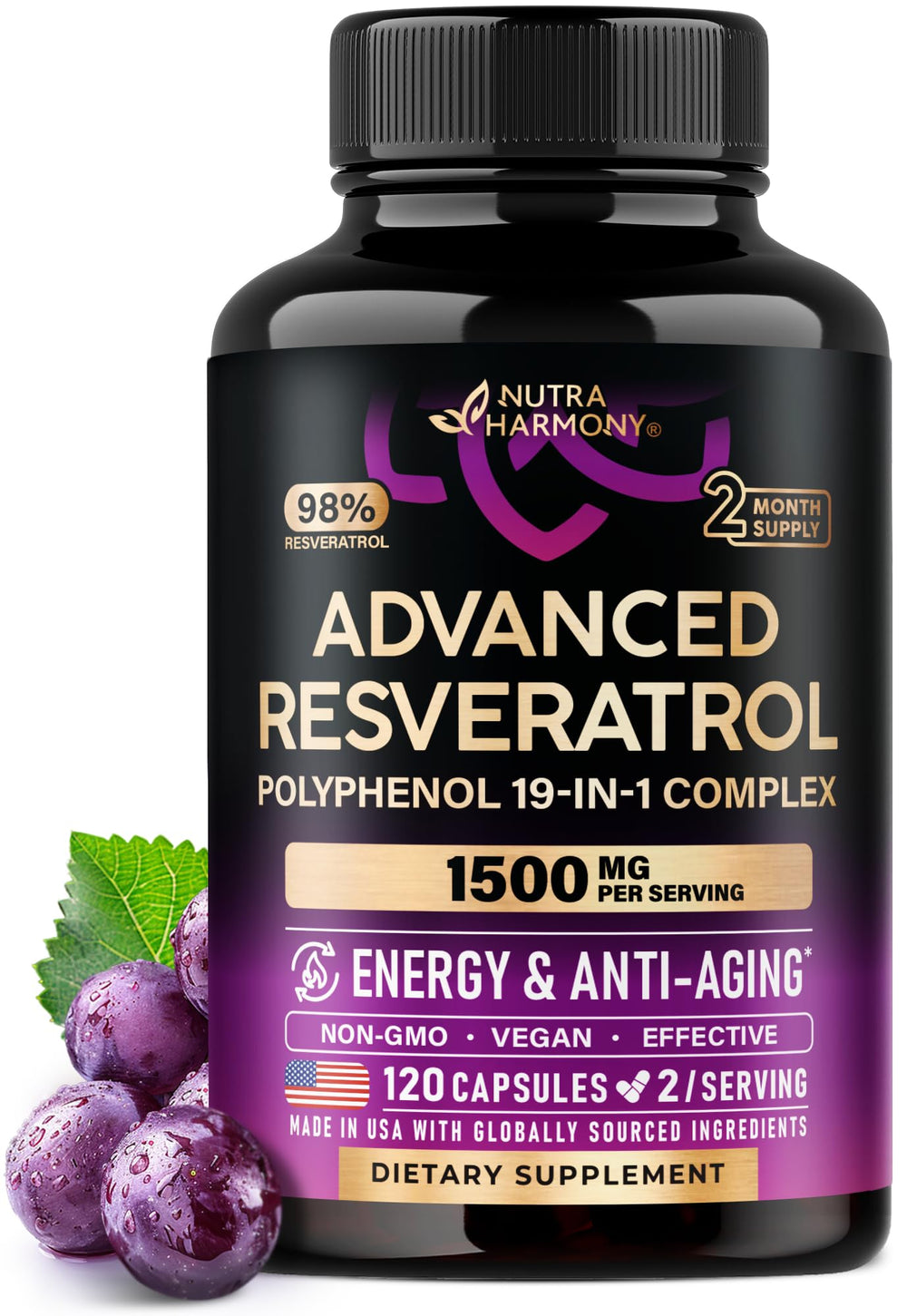 Bottle of Resveratrol 19-in-1 Polyphenol Complex – Made in USA