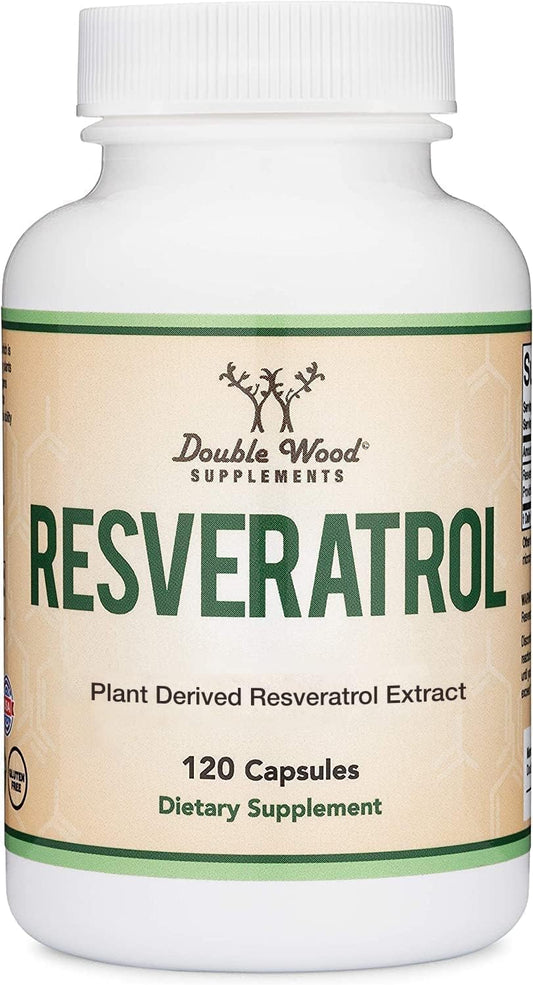 Resveratrol 500mg bottle with 120 capsules on white background