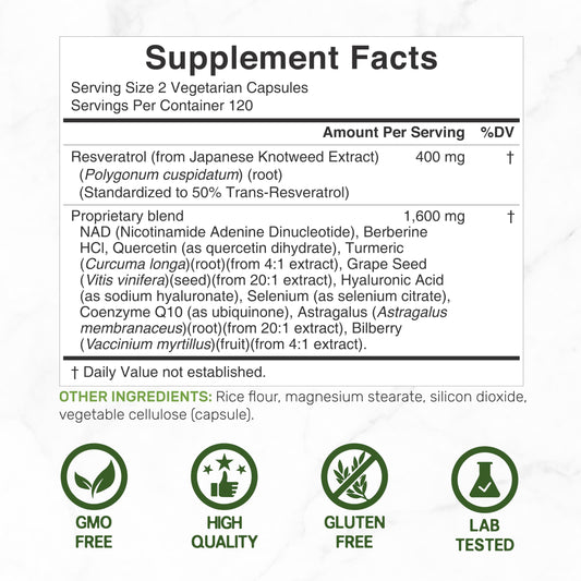 Close-up of NAD and resveratrol ingredients