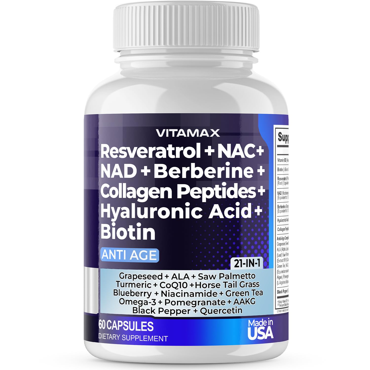 Vitamax Age Smart 20-in-1 supplement ingredients including Resveratrol, NAD+, Berberine, Hyaluronic Acid, and Collagen