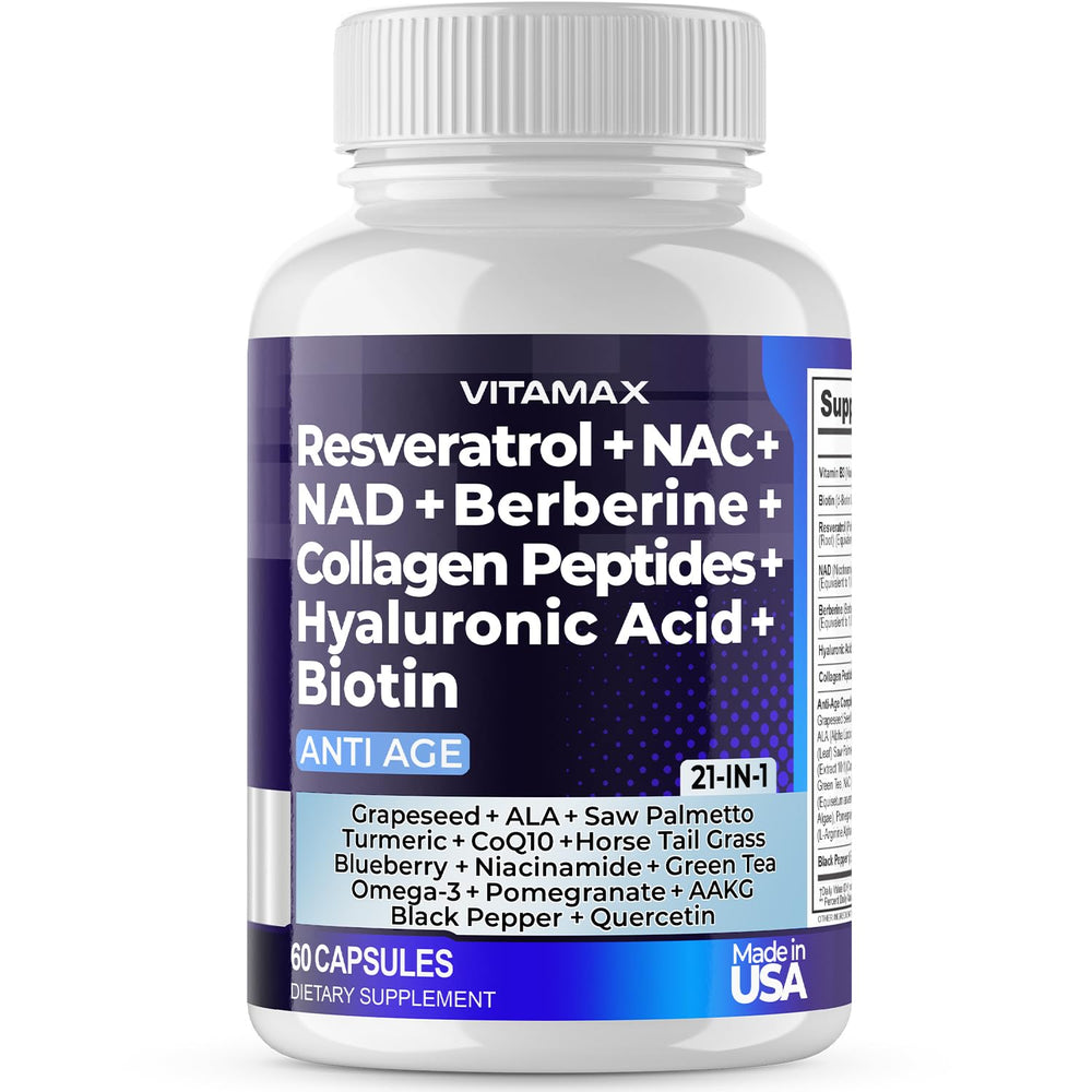 Vitamax Age Smart 20-in-1 supplement ingredients including Resveratrol, NAD+, Berberine, Hyaluronic Acid, and Collagen