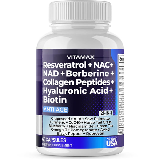 Vitamax Age Smart 20-in-1 supplement ingredients including Resveratrol, NAD+, Berberine, Hyaluronic Acid, and Collagen