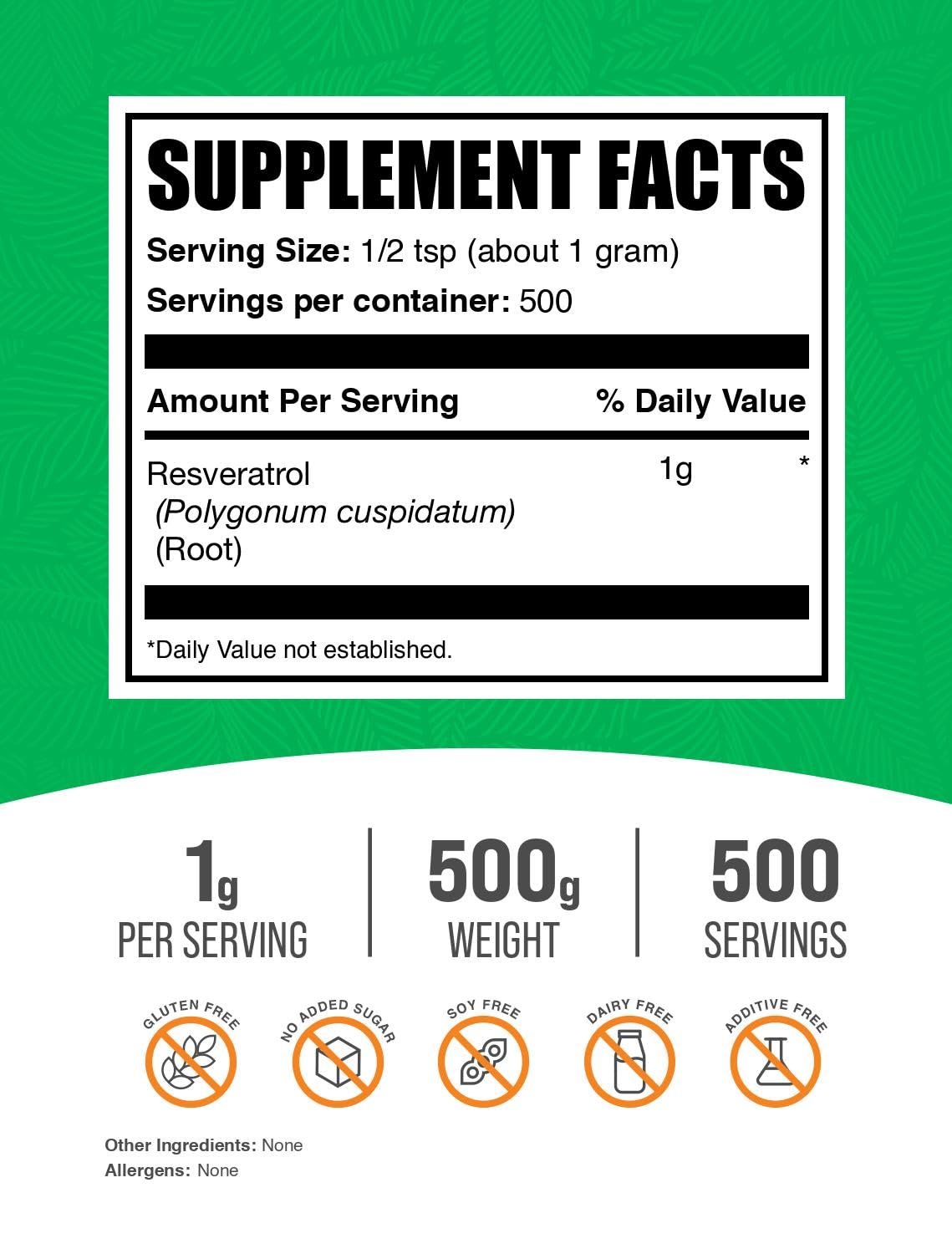 Resveratrol powder showing 1g serving size