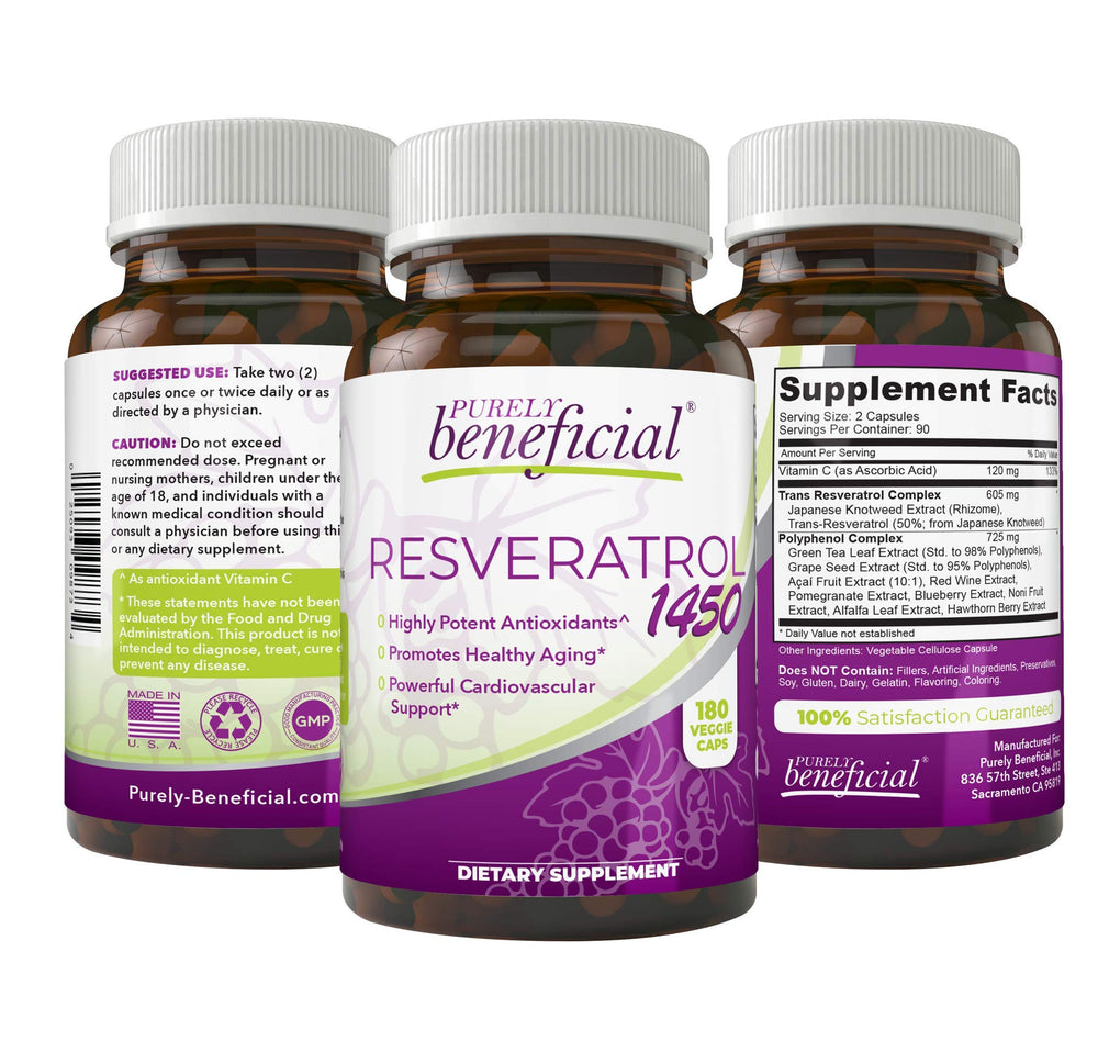 Bottle of PURELY Beneficial Resveratrol1450 90-day supply