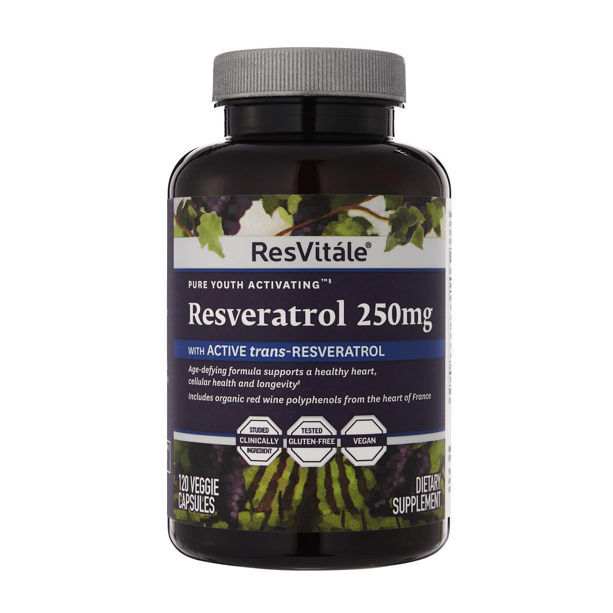 Bottle of ResVitále Resveratrol 250 mg vegetarian capsules