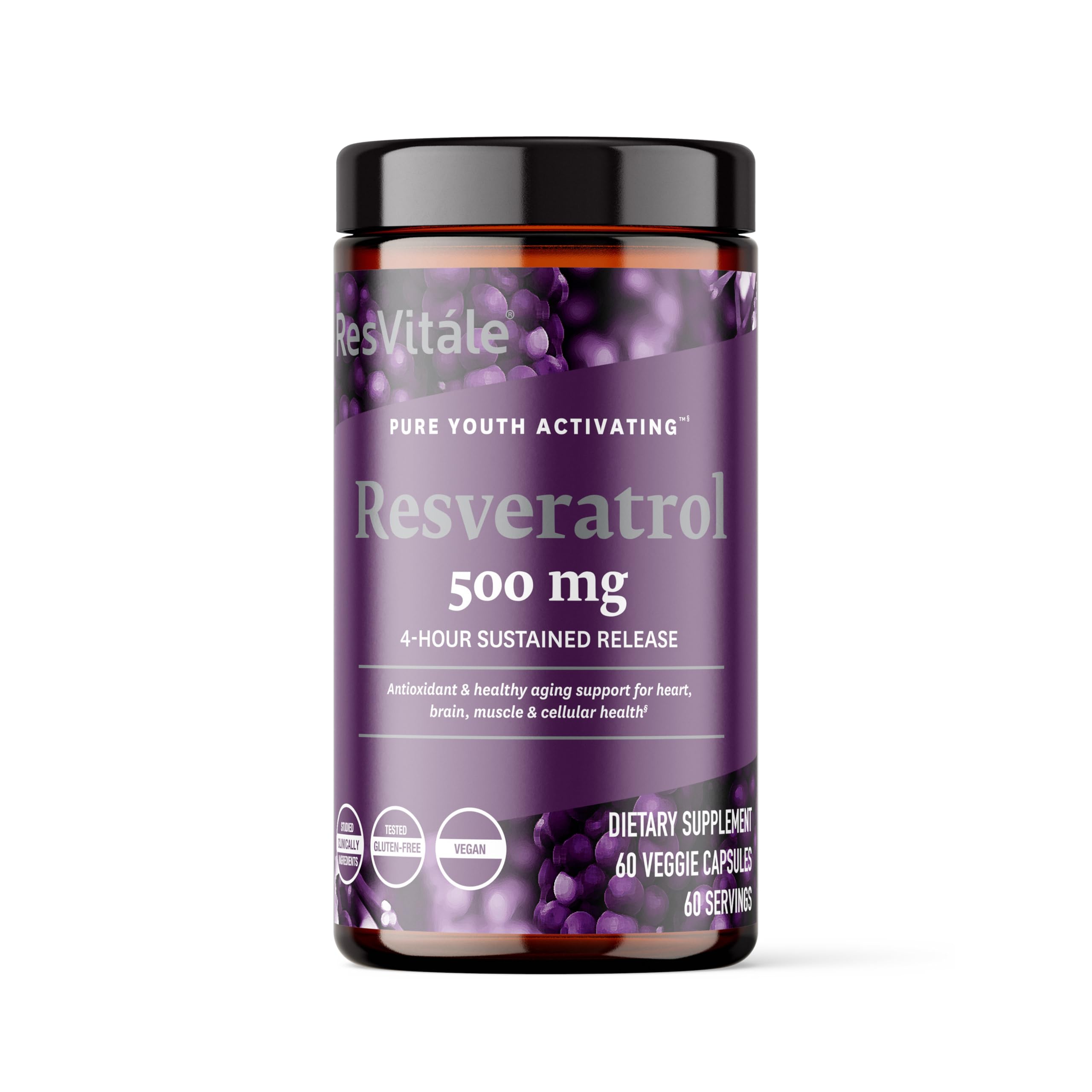 Front view of ResVitale Resveratrol 500 mg bottle