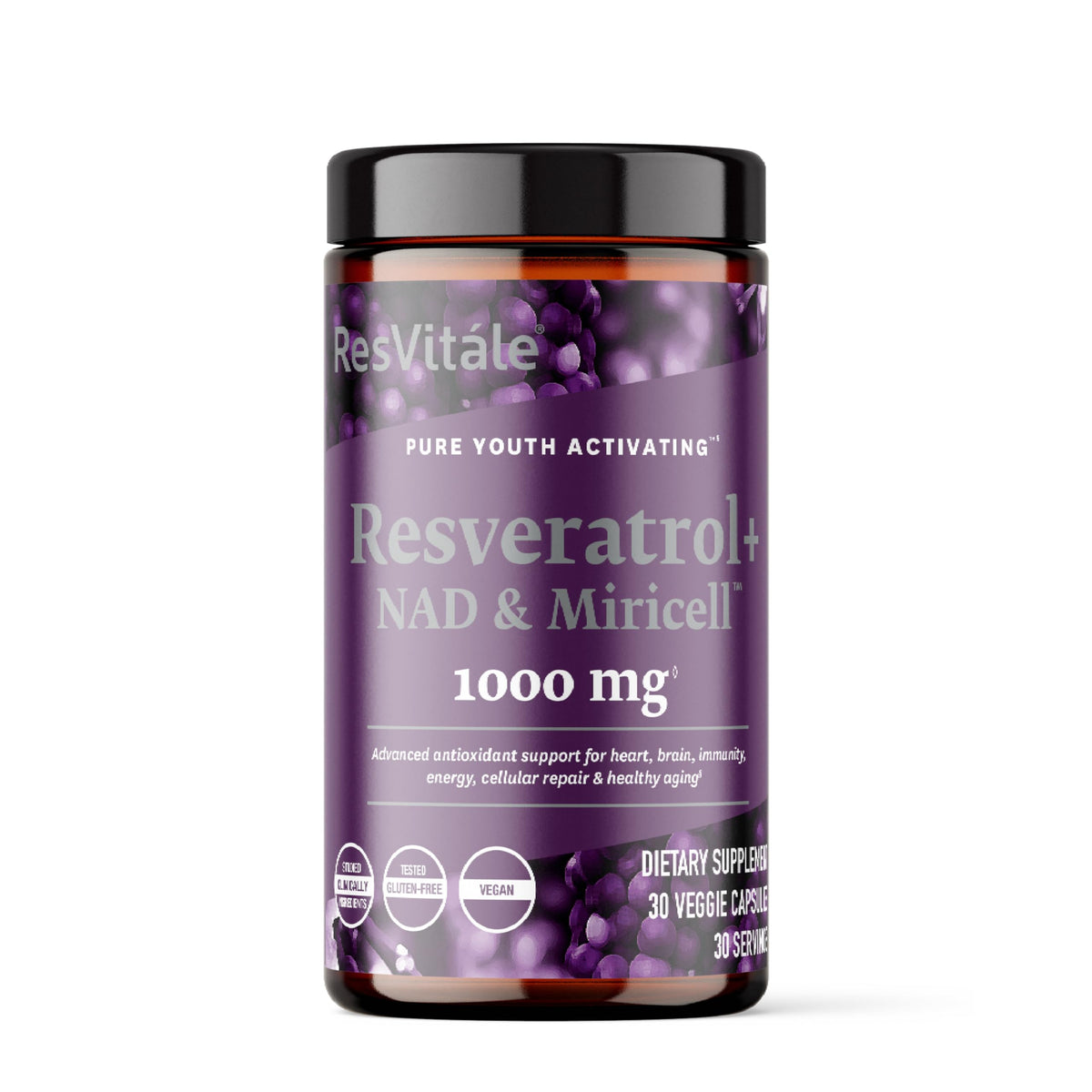 Product bottle showing ResVitále Resveratrol + NAD & Miricell 1000 mg with 30 veggie capsules