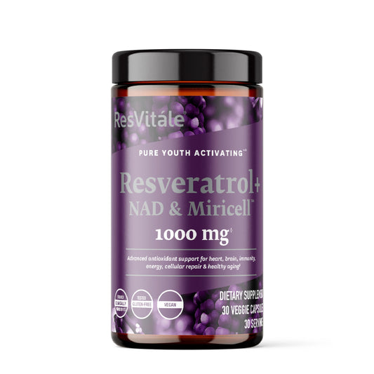Product bottle showing ResVitále Resveratrol + NAD & Miricell 1000 mg with 30 veggie capsules