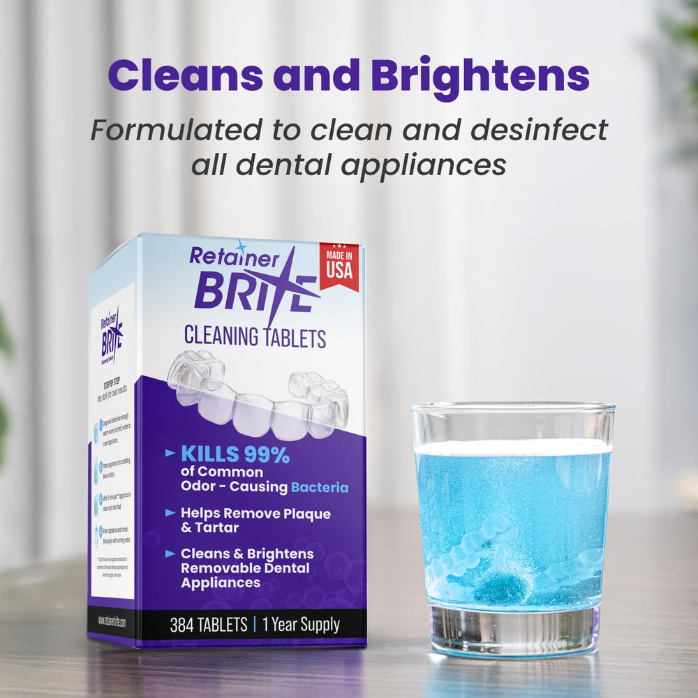 Clear retainers and aligners being cleaned with Retainer Brite