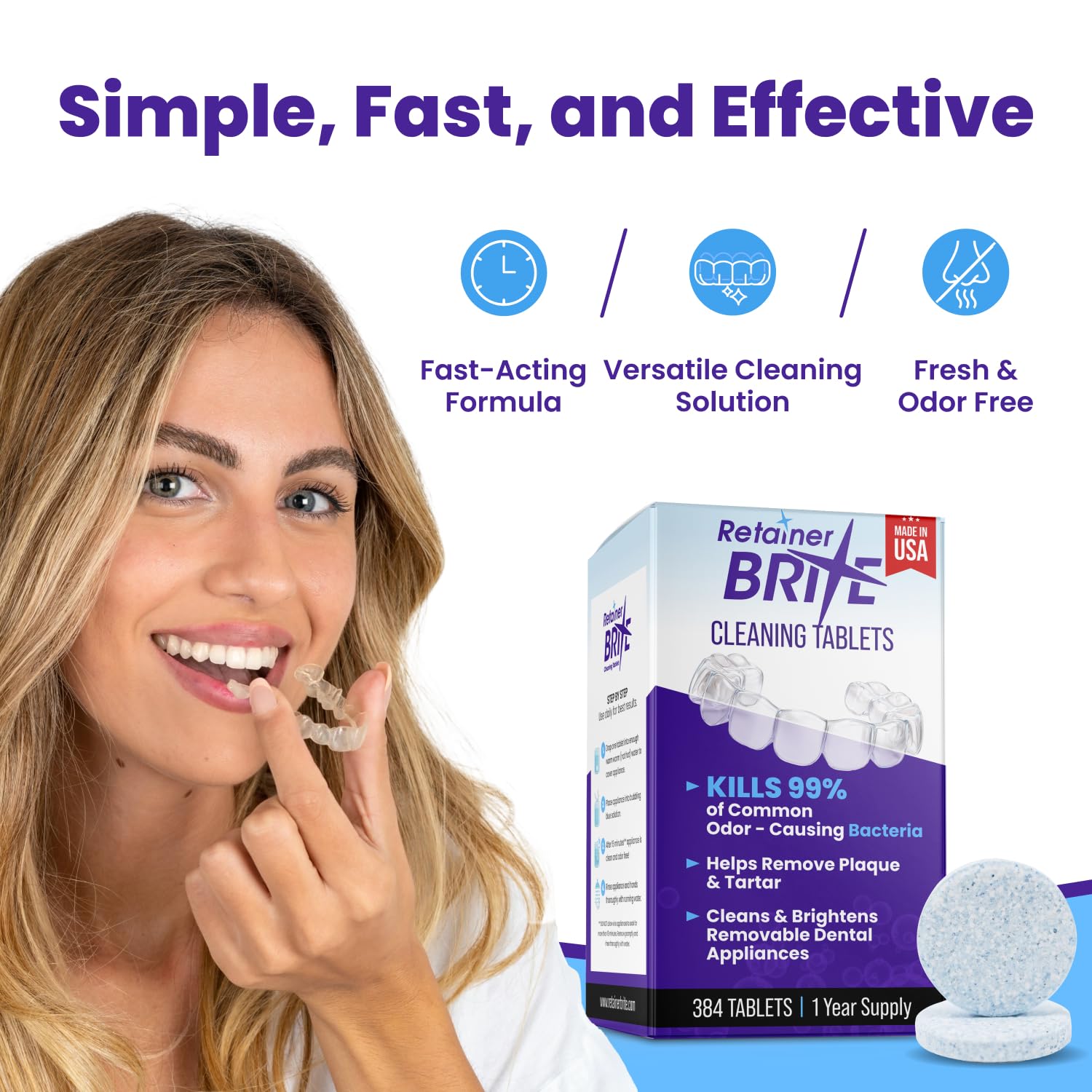 Bright, clean dental appliances after using Retainer Brite