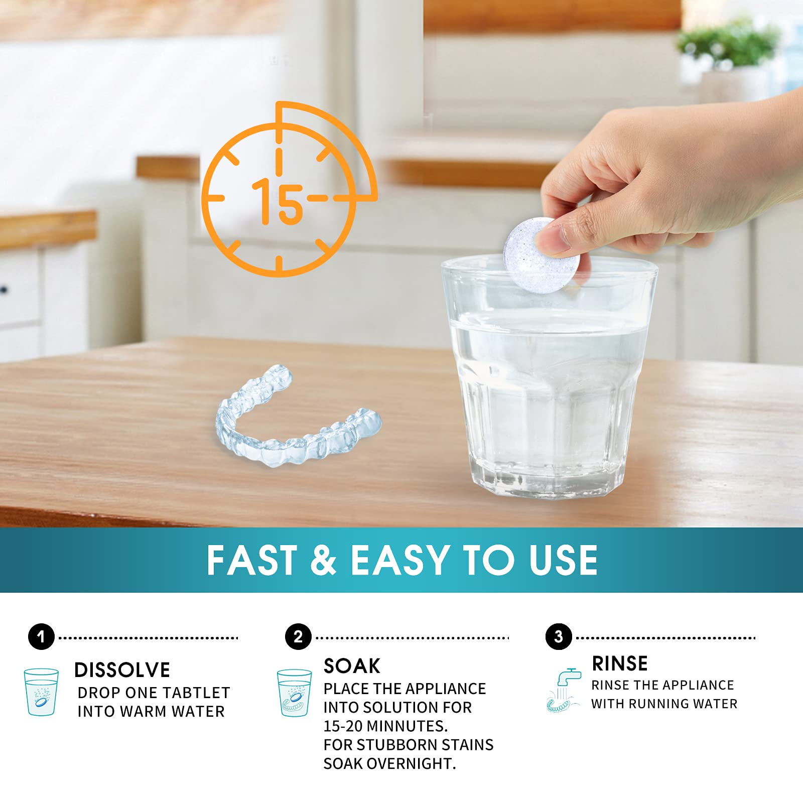 Dentures and partial dentures being cleaned with tablets