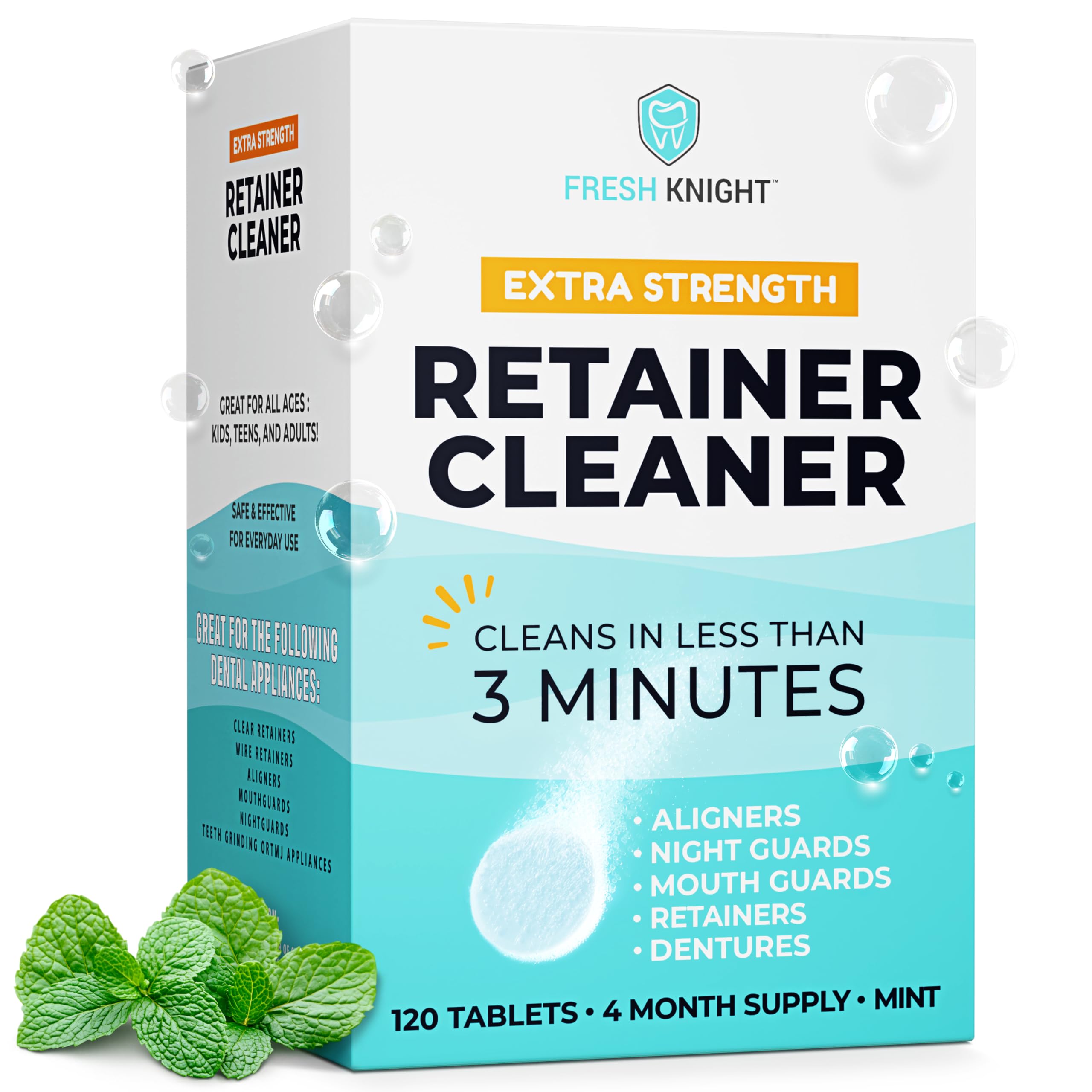 Fresh Knight Retainer Cleaner Tablets bottle with 120 tablets