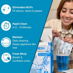 Minty fresh action showing cleaning tablets