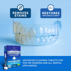 Aligners and night guards being cleaned with retainer cleaner tablets