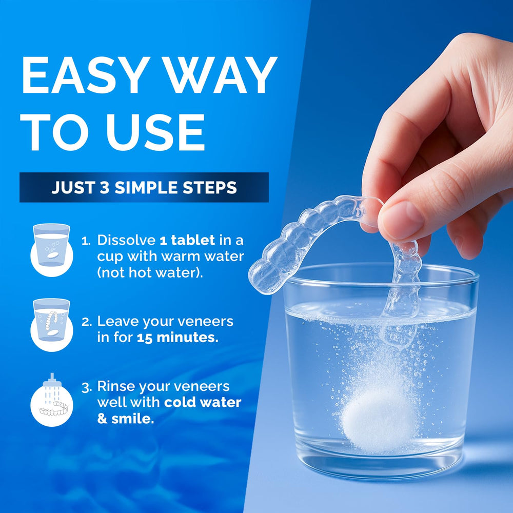 Dental appliances such as mouthguards and veneers cleaned with tablets