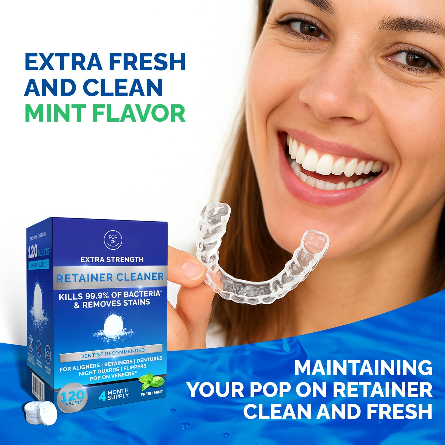 Ultrasonic cleaner with retainer cleaner tablets for dentures and retainers