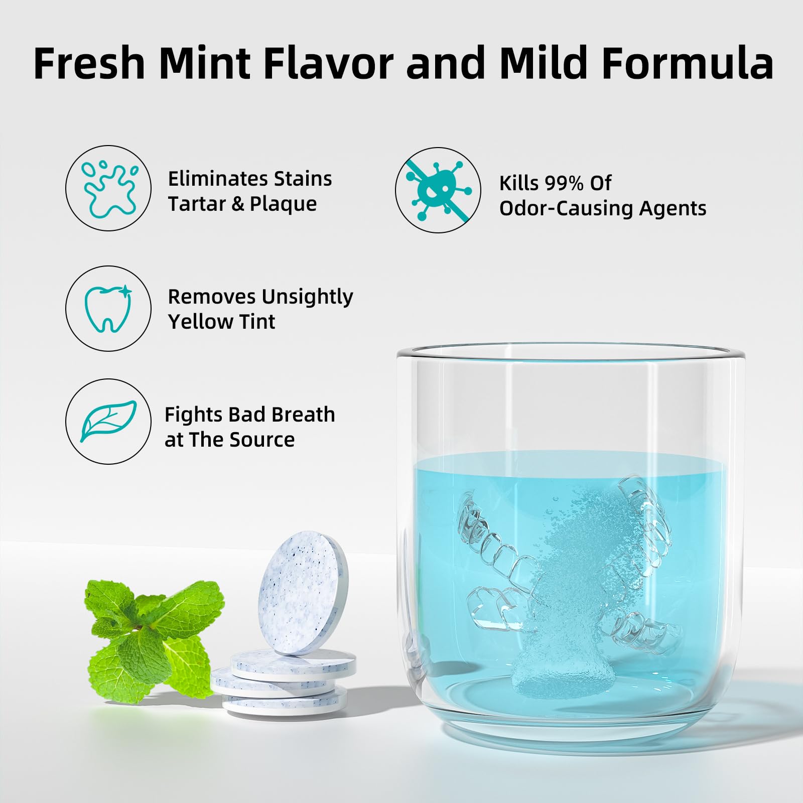 Tablets dissolving in water with dentures retainers and Invisalign