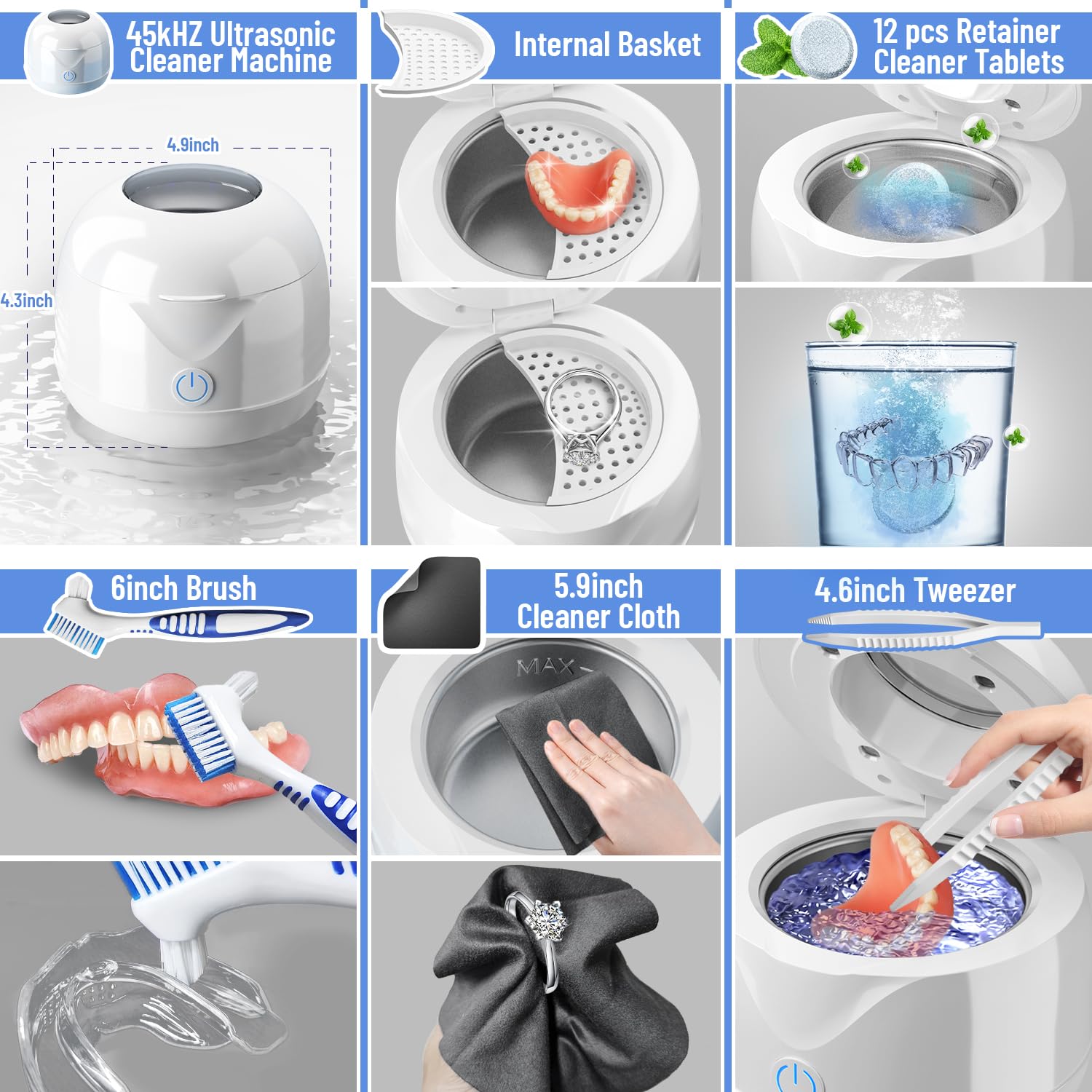 Effervescent retainer cleaner tablets dissolving in the ultrasonic cleaner