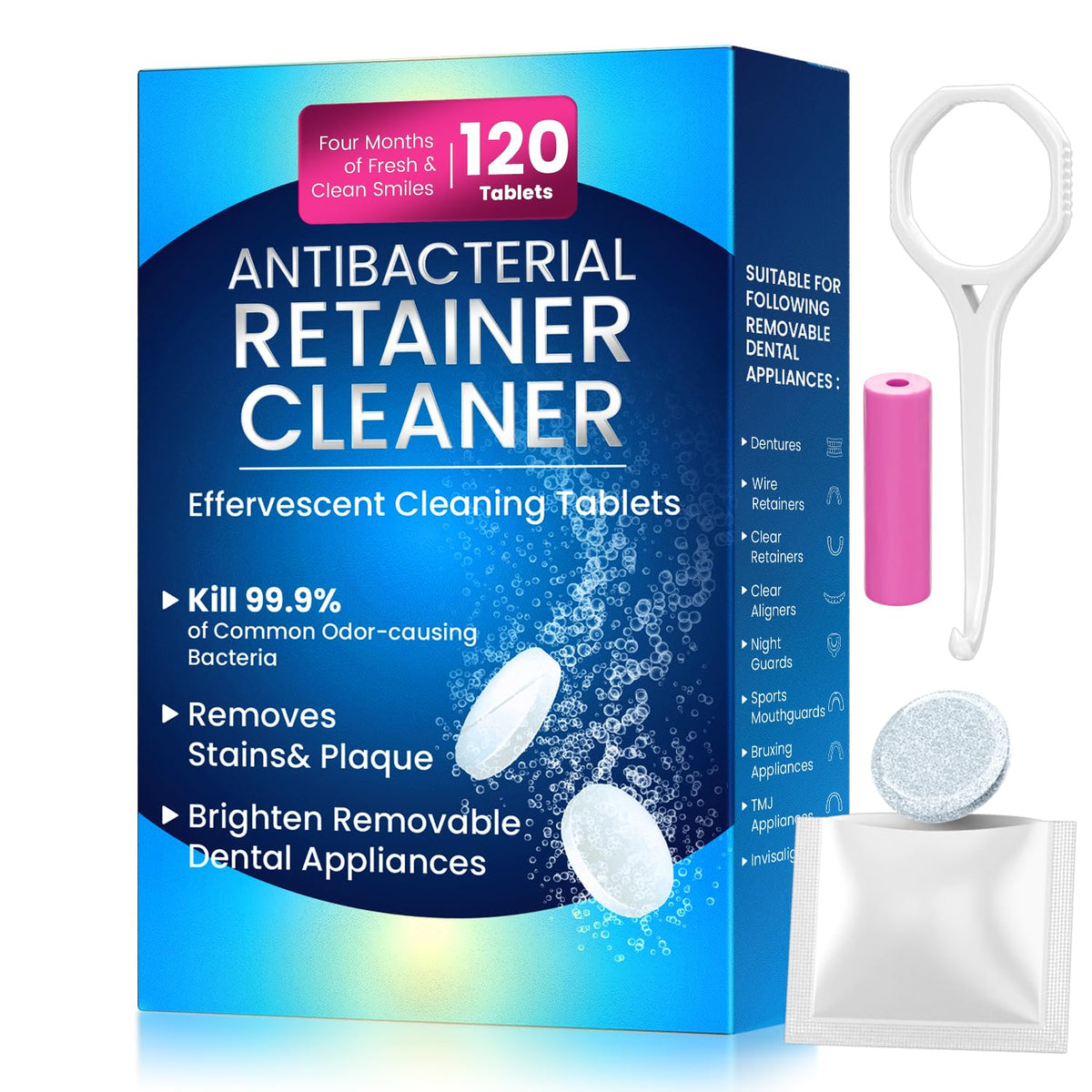 Retainer cleaner tablet kit with 120 effervescent tablets and tools