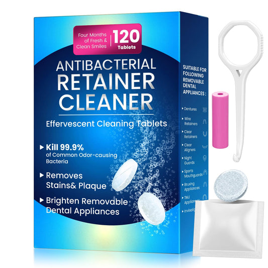 Retainer cleaner tablet kit with 120 effervescent tablets and tools