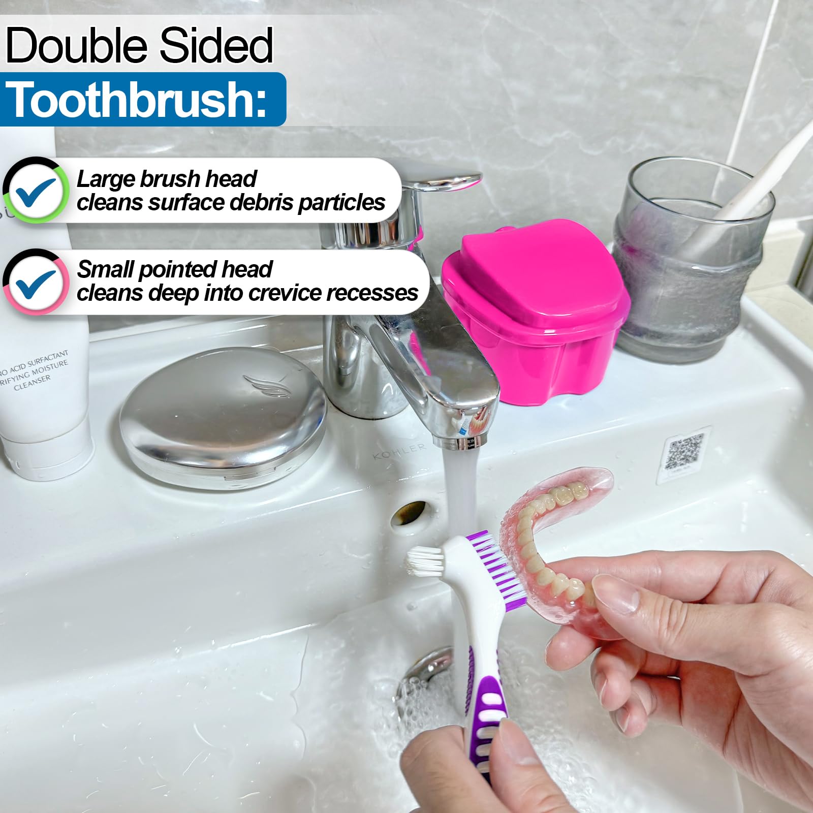 Close-up of denture holder with included brush