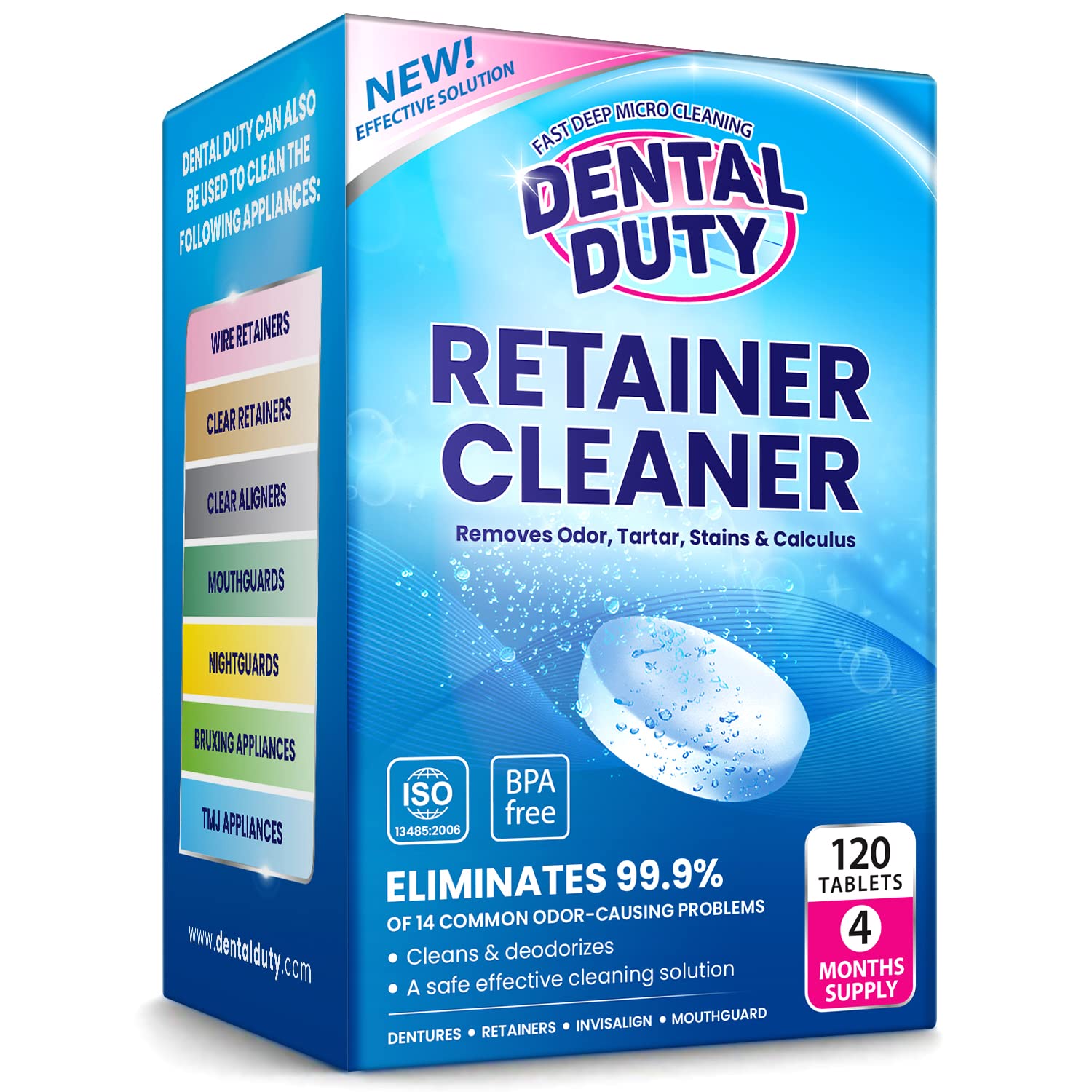 Packaging view of 120-count retainer and denture cleaning tablets