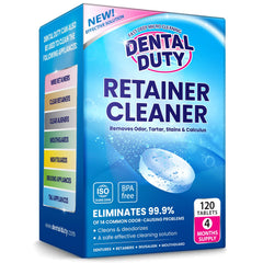 Packaging view of 120-count retainer and denture cleaning tablets