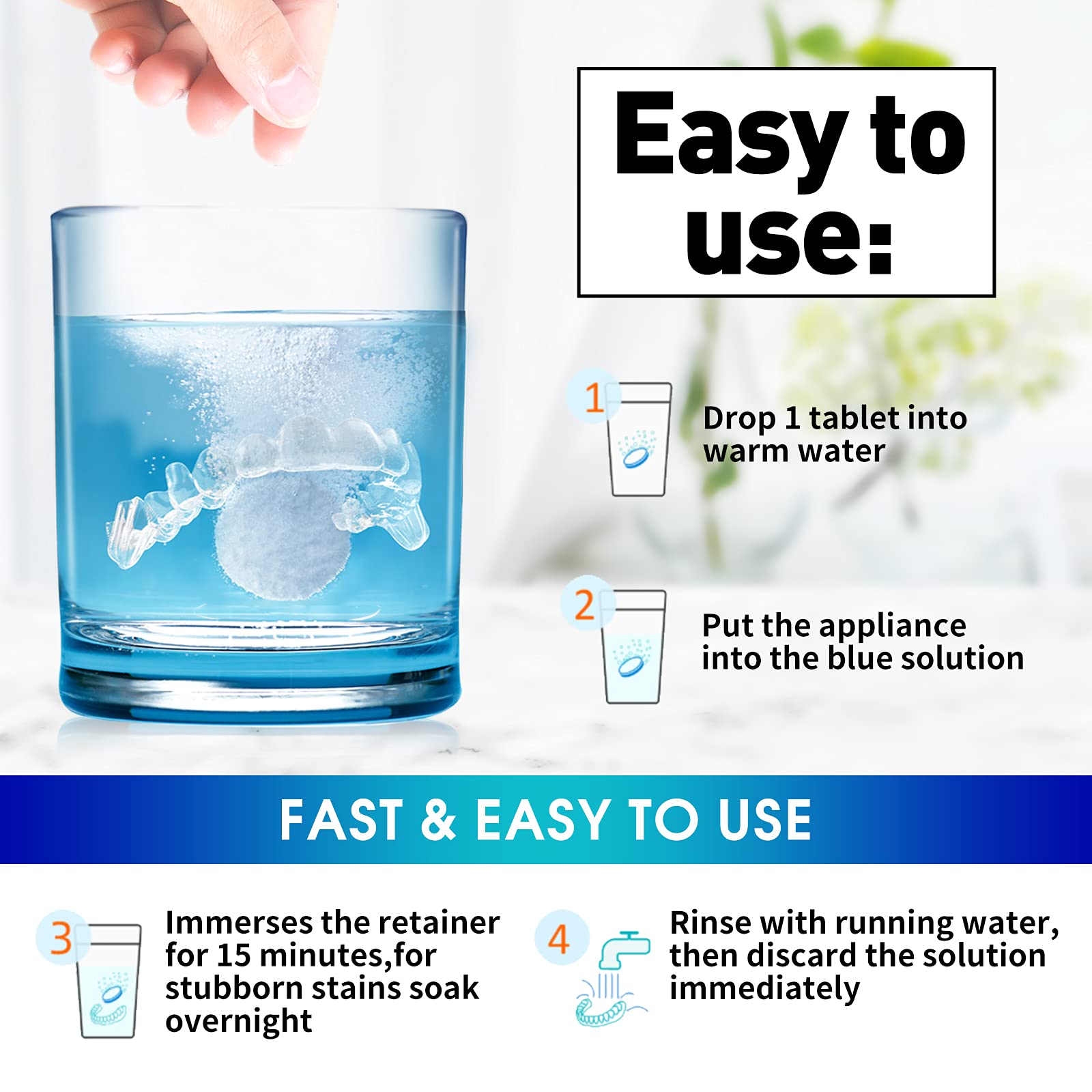 Mint-flavored cleaner tablet dissolving in water