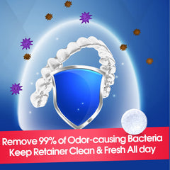 Denture cleaner tablet displaying active cleaning solution
