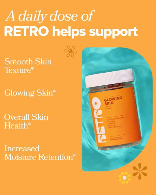 RETRO Gummy Glowing Skin Vitamins bottle and peach-flavored gummies