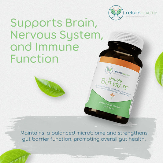 Capsules close-up from Return Healthy Double Butyrate supplement