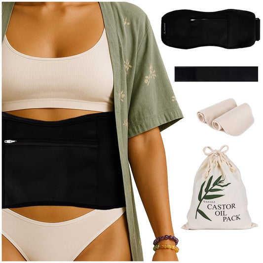 Reusable castor oil stomach wrap kit displayed