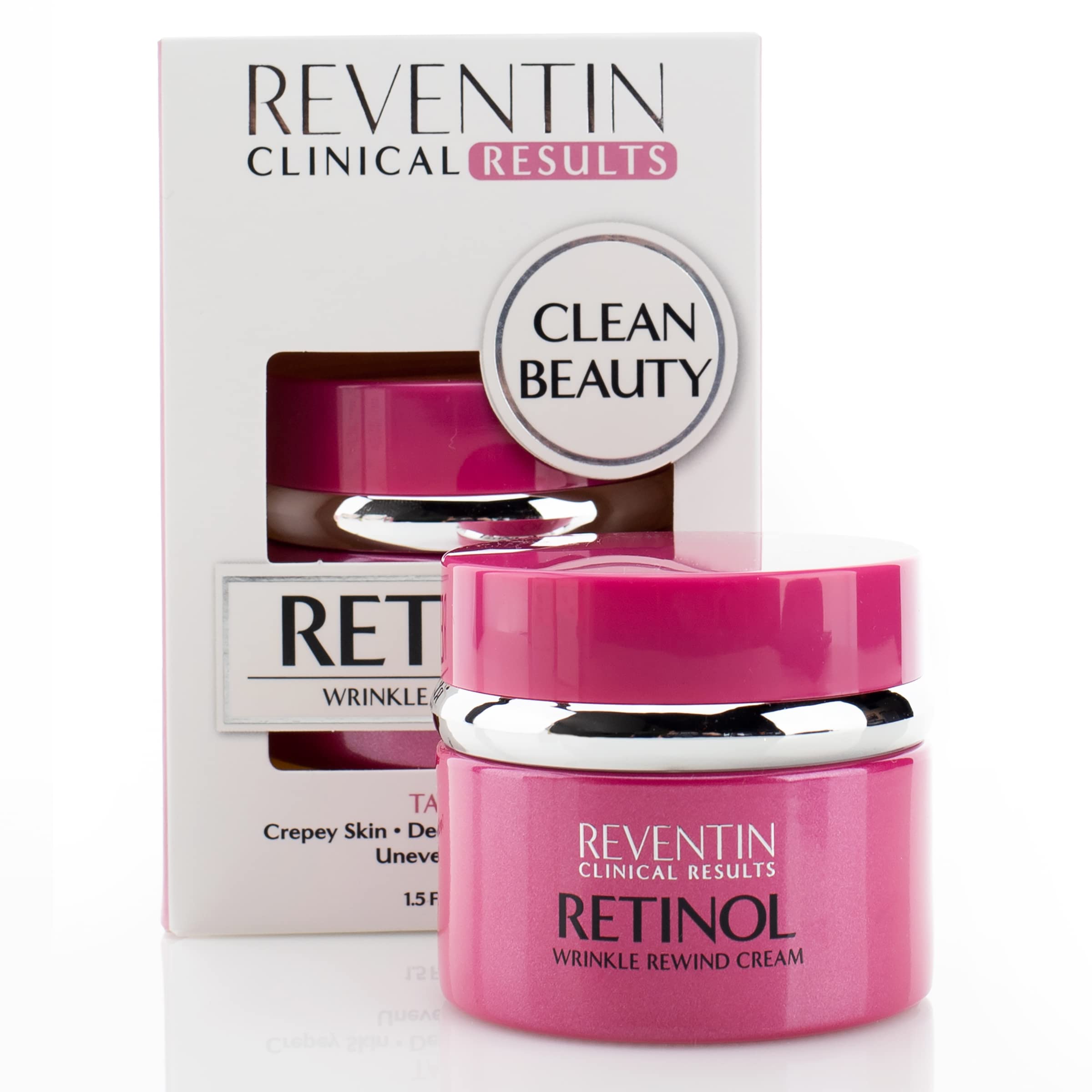 Reventin Clinical Results retinol bottle highlights the anti-aging formula.