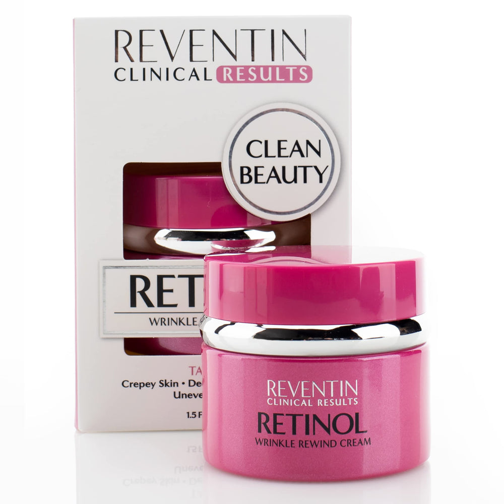 Reventin Clinical Results retinol bottle highlights the anti-aging formula.