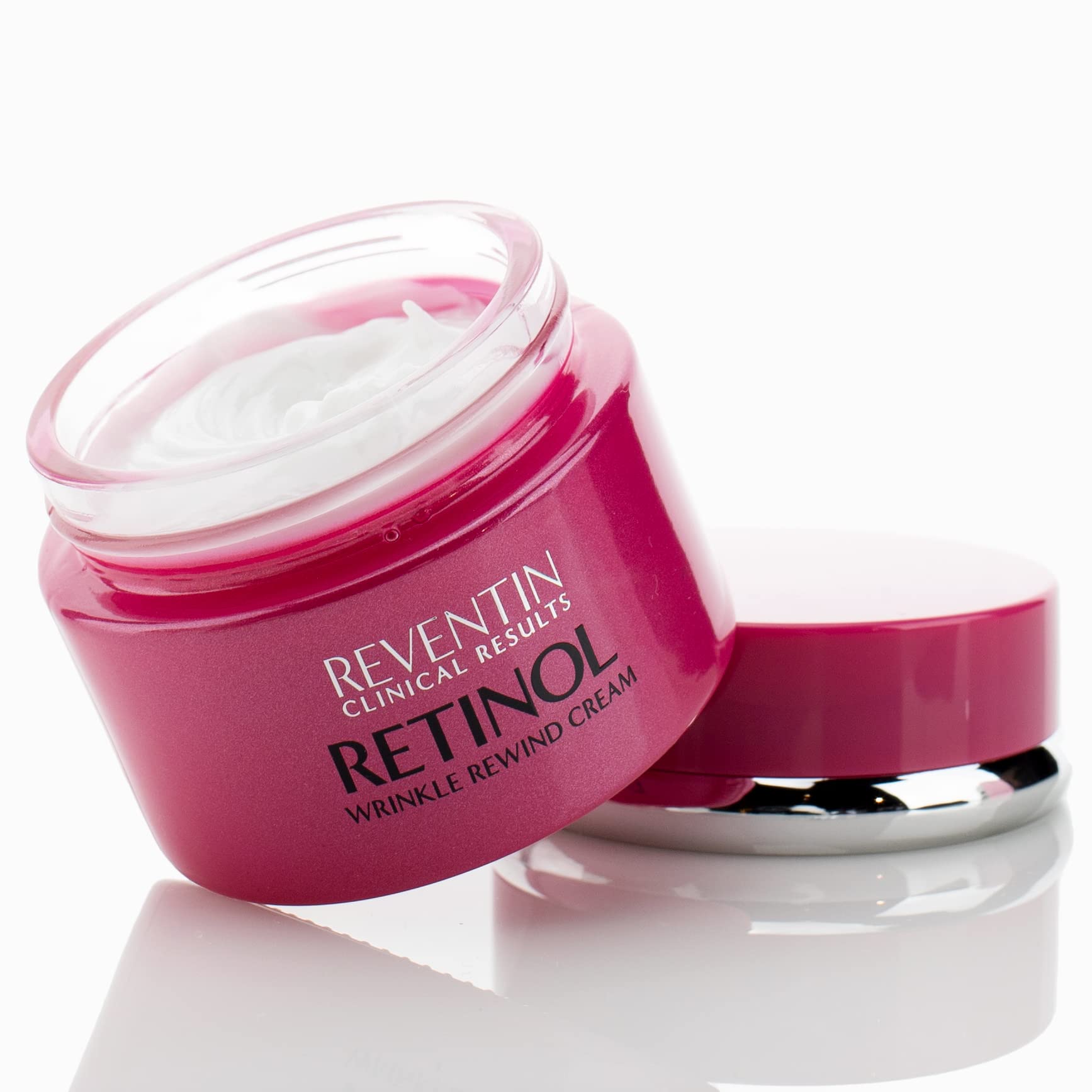 Reventin retinol night cream jar close-up showing luxurious texture.