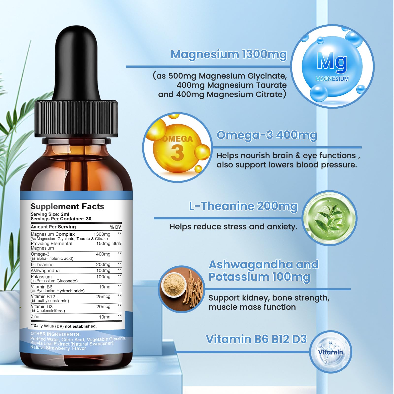 Back label detailing dosage and ingredients for ReviNutra magnesium drops