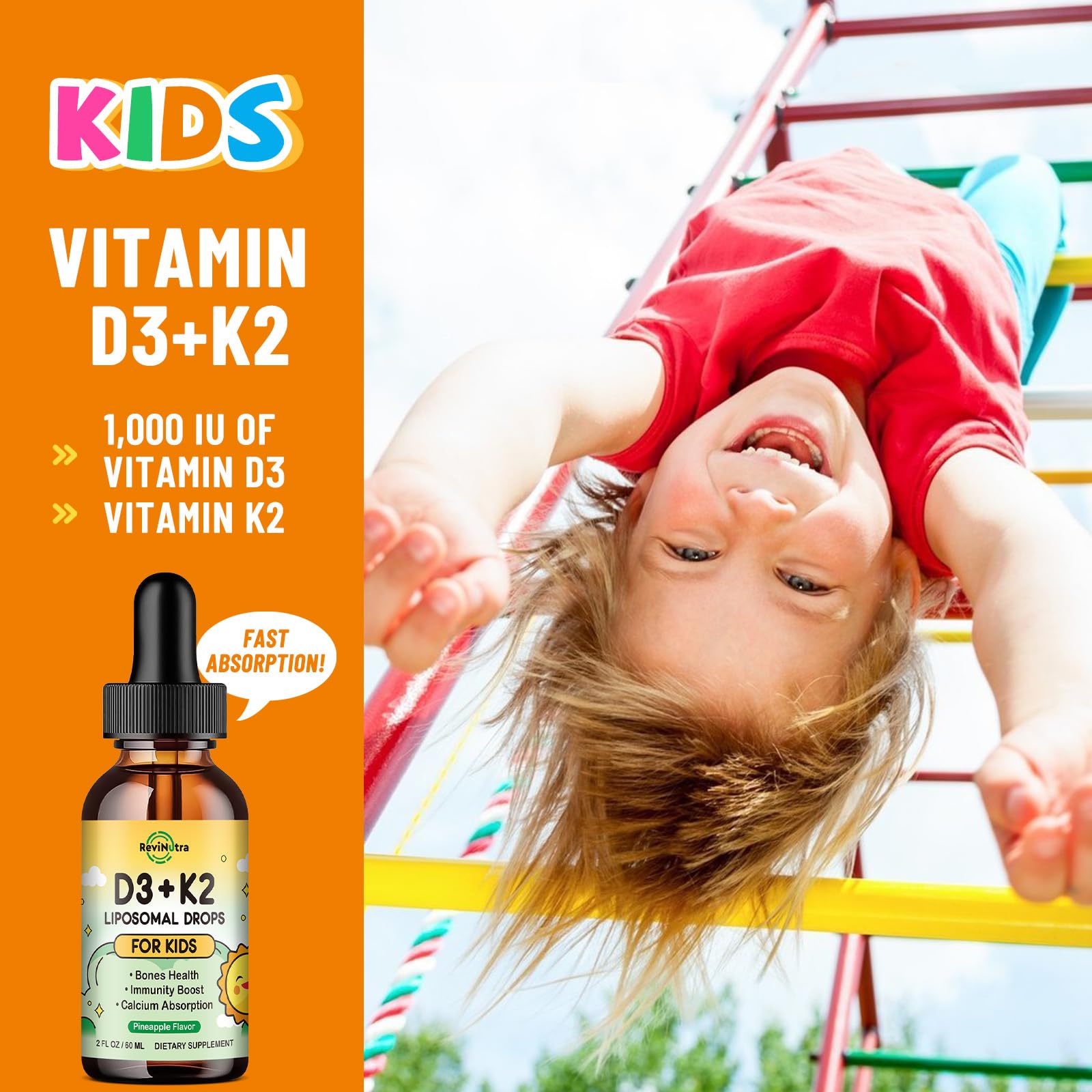 Nutritional highlights on ReviNutra D3 K2 Drops packaging